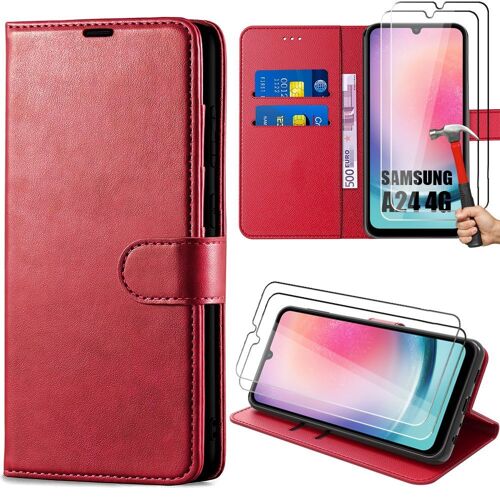 2 Verres Trempés + Coque pour Samsung Galaxy A24 Intégrale Anti-Rayure Synthécuir Rouge - E.F.Connection