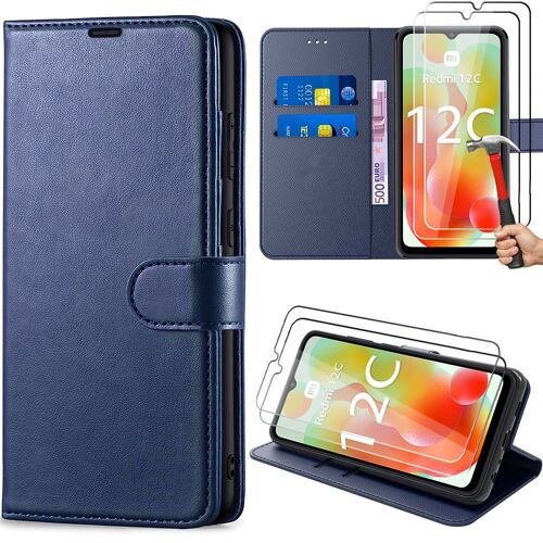 Coque + 2 Verres Trempés Pour Xiaomi Redmi 12c/11a, Coque Effet Cuir Elégant - Bleu Marine - E.F.Connection
