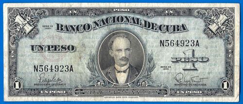 Cuba 1 Peso 1960 Jose Marti Billet Pesos