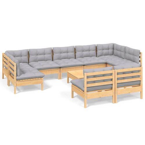Vidaxl Salon De Jardin 10 Pcs Avec Coussins Gris Bois De Pin Massif