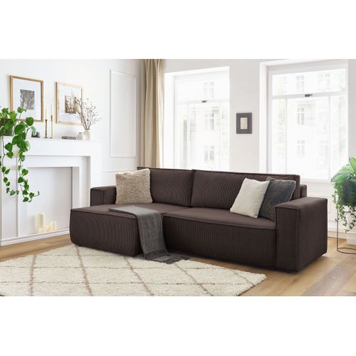 Canapé D'angle Réversible Convertible Coffre Nihad Velours Côtelé Marron