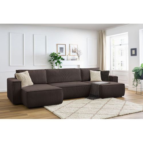 Canapé Panoramique Convertible Coffre Nihad Velours Côtelé Marron Panoramique