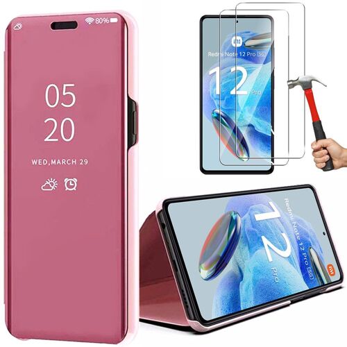 Coque pour Xiaomi Redmi Note 12 Pro 5G avec 2 Verres Trempés. Smart Case Effet Miroir Protection Rose - E.F.Connection