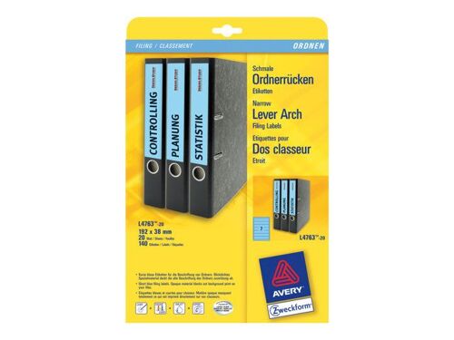 Avery Zweckform L4763 - Bleu - 38 x 192 mm 140 étiquette(s) (20 feuille(s) x 7 étiquettes pour dossiers