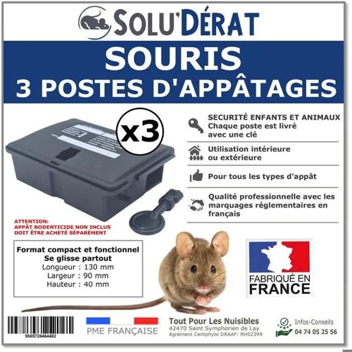 3 Postes d'appâtage pour Souris, Sécurisé pour Enfants et Animaux - Lot de 3 unités-Boite vendu vide sans appât