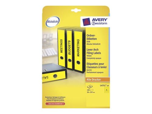 Avery File Folder Labels - Jaune - 38 x 297 mm 100 étiquette(s) (20 feuille(s) x 5 étiquettes pour dossiers