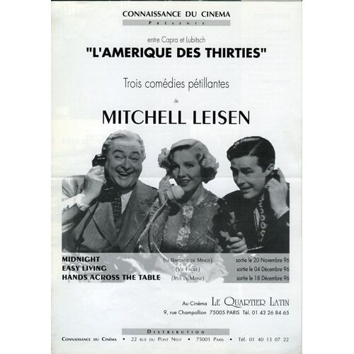 Midnight / Easy Living / Hands Across The Table - Synopsis Dépliant - 3 Films De Mitchell Leisen