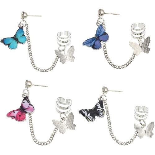 Butterfly Dangle Boucles D'oreilles Set Pour Femmes Butterfly Tassels Drop Ear Cuff Clip Chain Stud Earrings Pour Filles 4 Pcs