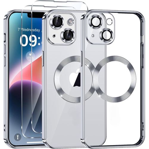 Coque Silicone Pour Iphone 14 Couleur Argent Compatible Magsafe + 2 Verres Trempe Protection Ecran Little Boutik®