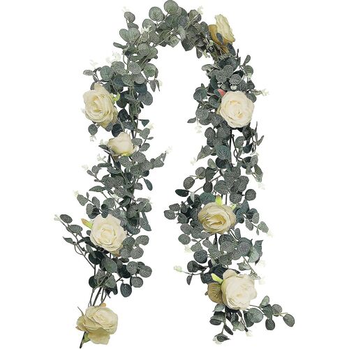 Artificial Eucalyptus Garland With Champagne Roses Ivy Greenery Leaf Garland Plants Vine Foliage Flowers Hanging For Wedding Party Garden Home Wall De