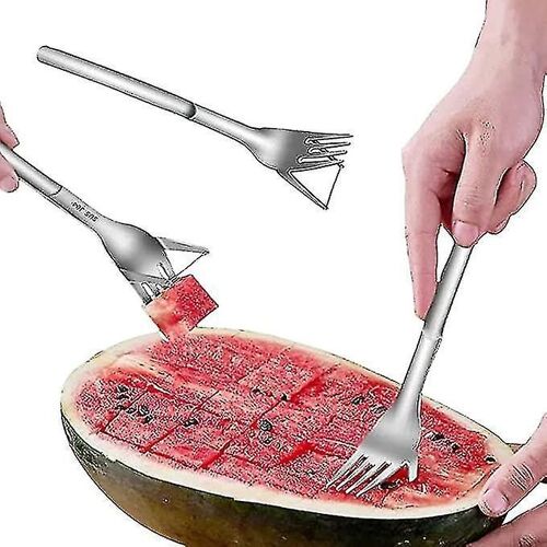 Trancheuse De Pastèque 2 En 1 Et Cutter En Acier Inoxydable Fruit Cutting Fork Melon Cube Outil De Coupe Pour Gadget De Cuisine