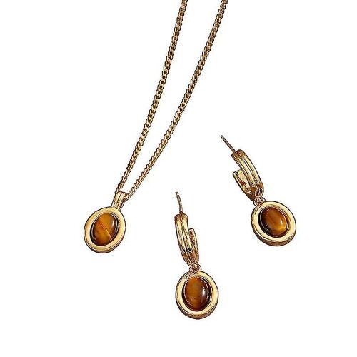 Natural Tiger Eye Stone Jewelry Set, Tiger Eye Stone Necklace And Earrings, Women'S Jewelry Gift-2 Pieces