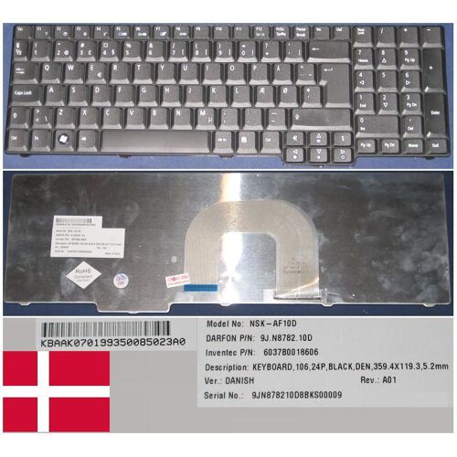 Clavier Qwerty Danois / Danish Pour ACER ASPIRE AS9800 9800 9810 9813 Series, Noir / Black, Model: NSK-AF10D, P/N: KB.AAK07.019, 9J.N8782.10D