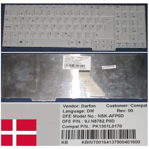 Clavier Qwerty Danois / Danish Pour ACER Aspire 7220, 7520, 7520G, 7720, 7720G, 7720Z, 7720ZG Series, Blanc / White, Model: NSK-AFP0D, P/N: KB.INT00.164, 9J.N8782.P0D, PK1301L0170