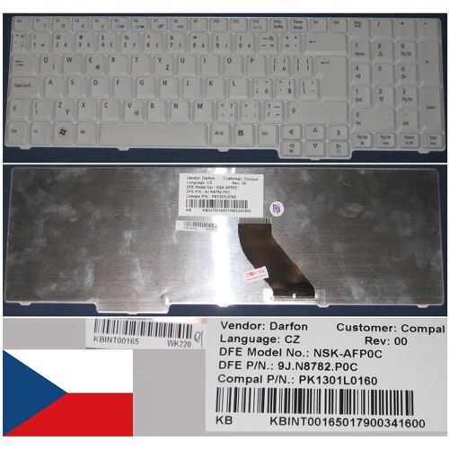 Clavier Qwertz / Qwerty Tchèque / Czech Pour ACER ASPIRE AS7000 AS9400 7000 7100 7220 7520 7520G 7720 7720G 9410 9400 9300 Series, Blanc / White, Model: NSK-AFP0C, P/N: KB.INT00.165, 9J.N8782.P0C