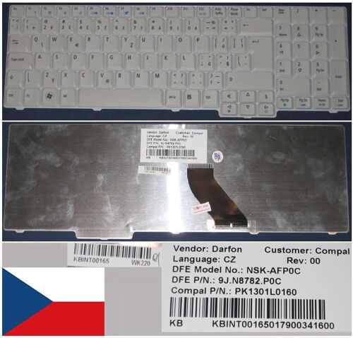 Clavier Qwertz / Qwerty Tchèque / Czech Pour ACER ASPIRE AS7000 AS9400 7000 7100 7220 7520 7520G 7720 7720G 9410 9400 9300 Series, Blanc / White, Model: NSK-AFP0C, P/N: KB.INT00.165, 9J.N8782.P0C