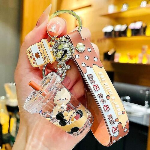 Creative Cute Liquid Keychain Milk Tea Cup Floating Bear Keychain Quicksand Key Ring Bag Charm For Car Keys, Backpack Accessories, Décoration Gift For