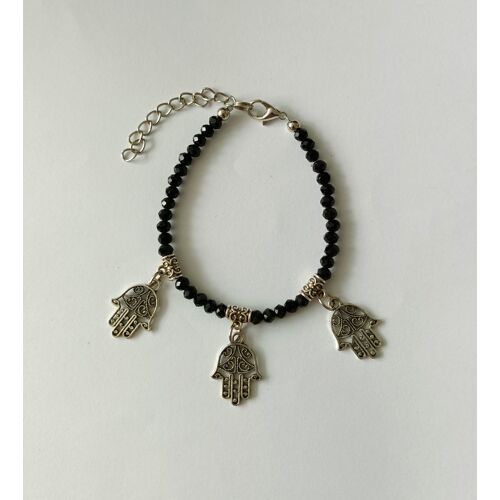 Bracelet En Perles Noires Et Breloque Main De Fatma. Porte Bonheur. 17 Cm