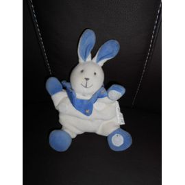 Doudou Peluche Lapin Rabbit Bunny Lièvre Kaninchen Vert Baudet Vertbaudet Blanc Bleu Fleur Semi Plat 23 Cm