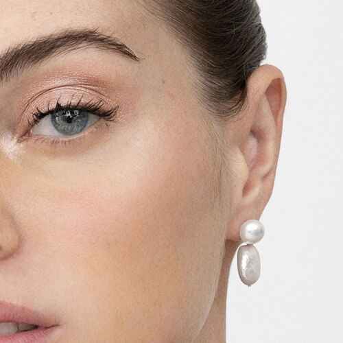Boucles D'oreilles Luxenter En Argent 925 Avec Perle Blanche Finie En Or Jaune 18k - Over