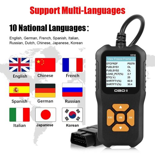 V318 OBD2 Scanner de diagnostic automobile et testeur de batterie avec support multilingue