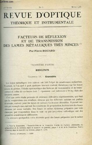 Revue D Optique Théorique Et Instrumentale N° 3 - Facteurs De Réflexion Et De Transmission Des Lames Métalliques Très Minces Par Pierre Rouard, Lunettes De Plongée Par Jean Mendousse