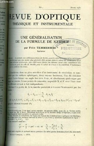 Revue D Optique Théorique Et Instrumentale N° 4 - Une Généralisation De La Formule De Kerber Par Frits Temmerman, Détermination Des Lignes Neutres De Milieux Très Faiblement Biréfringents Par La(...)