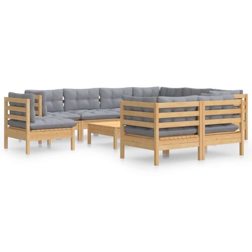 Vidaxl Salon De Jardin 10 Pcs Avec Coussins Gris Bois De Pin Solide