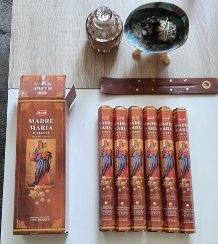 Lot encens HEM Madre Maria mère de Dieu + porte encens bois