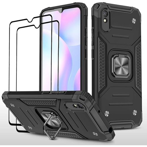 Coque Xiaomi Redmi 9a, Verre Trempé [2 Pièces] Housse Tpu Silicone Rotation 360° Aimant Anneau Support Double Défense Protection Etui Redmi 9a Noir