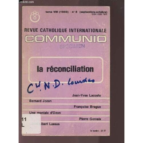 Revue Catholique Internationale Communio - Tome Viii N°5 - Sept.-Oct. 1983 - La Reconciliation.