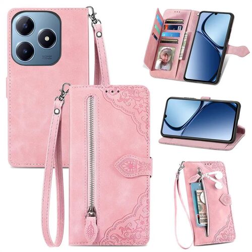 SATURCASE Coque pour Realme C63, Fleur Gaufrage PU Cuir Magnétique Flip Portefeuille Poche Fermeture éclair Support Porte-carte Cordon Protecteur Housse Étui pour Realme C63 (SZ-Pink)