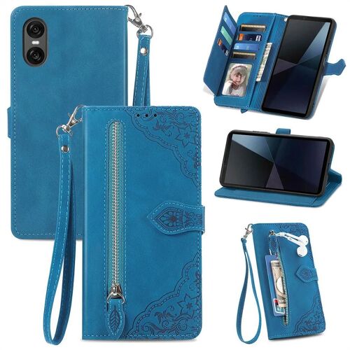 SATURCASE Coque pour Sony Xperia 10 VI 2024, Fleur Gaufrage PU Cuir Magnétique Flip Portefeuille Poche Fermeture éclair Support Porte-carte Cordon Protecteur Housse Étui pour Sony Xperia 10 VI 2024 (SZ-Bleu)