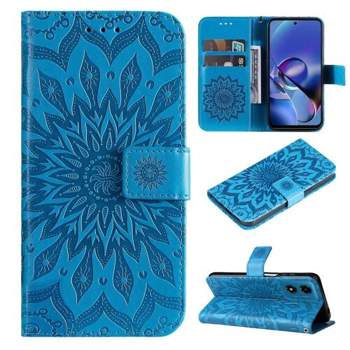 SATURCASE Coque pour Motorola Moto G24 G04, Fleur du Soleil Gaufrage PU Cuir Magnétique Flip Portefeuille Support Porte-carte Protecteur Housse Étui avec Dragonne pour Motorola Moto G24 G04 (TY-Bleu)