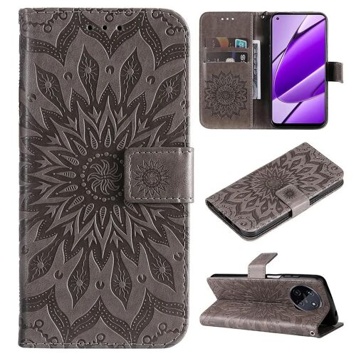 SATURCASE Coque pour Realme 11 4G, Fleur du Soleil Gaufrage PU Cuir Magnétique Flip Portefeuille Support Porte-carte Protecteur Housse Étui avec Dragonne pour Realme 11 4G (TY-Gris)