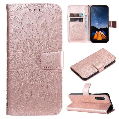 SATURCASE Coque pour Sony Xperia 10 V 2023, Fleur du Soleil Gaufrage PU Cuir Magnétique Flip Portefeuille Support Porte-carte Protecteur Housse Étui avec Dragonne pour Sony Xperia 10 V 2023 (TY-Or Rose)