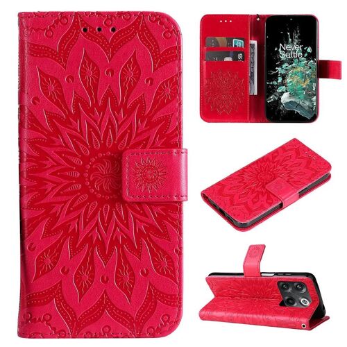 SATURCASE Coque pour OnePlus 10T / OnePlus Ace Pro, Fleur du Soleil Gaufrage PU Cuir Magnétique Flip Portefeuille Support Porte-carte Protecteur Housse Étui avec Dragonne pour OnePlus 10T / OnePlus Ace Pro (TY-Rouge)