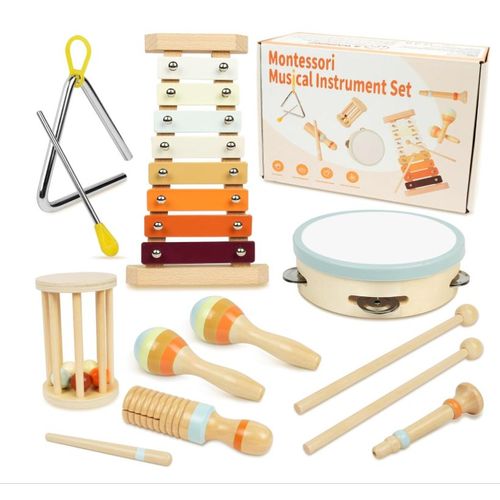 Instrument de Musique Enfant, Montessori Musicaux Jouets Musique Batteries et Percussions avec Xylophone, Ensemble de Jouets Musicaux Bois, Jeux Fille Garçon Anniversaire Noël