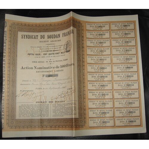 Syndicat Du Soudan Français - Action Nominative De 100 Francs -