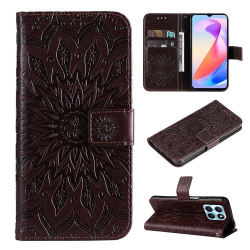 SATURCASE Coque pour Honor X6a, Fleur du Soleil Gaufrage PU Cuir Magnétique Flip Portefeuille Support Porte-carte Protecteur Housse Étui avec Dragonne pour Honor X6a (TY-Marron)