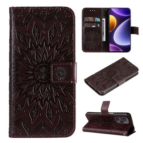 SATURCASE Coque pour Xiaomi Poco F5, Fleur du Soleil Gaufrage PU Cuir Magnétique Flip Portefeuille Support Porte-carte Protecteur Housse Étui avec Dragonne pour Xiaomi Poco F5 (TY-Marron)