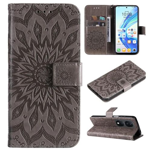 SATURCASE Coque pour Honor X7b, Fleur du Soleil Gaufrage PU Cuir Magnétique Flip Portefeuille Support Porte-carte Protecteur Housse Étui avec Dragonne pour Honor X7b (TY-Gris)