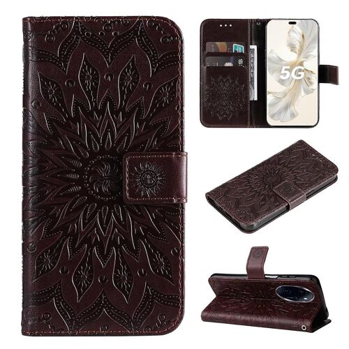 SATURCASE Coque pour Honor 100 Pro, Fleur du Soleil Gaufrage PU Cuir Magnétique Flip Portefeuille Support Porte-carte Protecteur Housse Étui avec Dragonne pour Honor 100 Pro (TY-Marron)