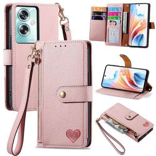 SATURCASE Coque pour Oppo A79 5G / Oppo A2 5G, Heart PU Cuir Flip Portefeuille Poche Double Boucle Magnétique Fermeture éclair Support Porte-carte Cordon Protecteur Housse Étui pour Oppo A79 5G / Oppo A2 5G (AX-Pink)
