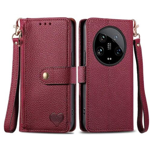 SATURCASE Coque pour Xiaomi 14 Ultra, Heart PU Cuir Flip Portefeuille Poche Double Boucle Magnétique Fermeture éclair Support Porte-carte Cordon Protecteur Housse Étui pour Xiaomi 14 Ultra (AX-Rouge)