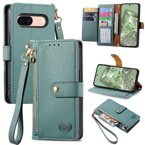 SATURCASE Coque pour Google Pixel 8A, Heart PU Cuir Flip Portefeuille Poche Double Boucle Magnétique Fermeture éclair Support Porte-carte Cordon Protecteur Housse Étui pour Google Pixel 8A (AX-Vert)