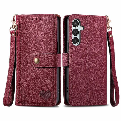 SATURCASE Coque pour Samsung Galaxy M15, Heart PU Cuir Flip Portefeuille Poche Double Boucle Magnétique Fermeture éclair Support Porte-carte Cordon Protecteur Housse Étui pour Samsung Galaxy M15 (AX-Rouge)