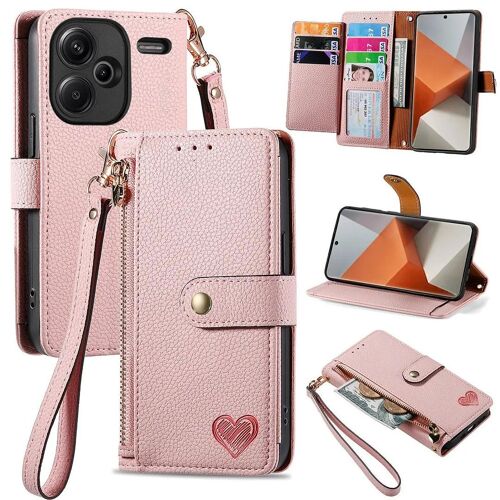 SATURCASE Coque pour Xiaomi Redmi Note 13 Pro+, Heart PU Cuir Flip Portefeuille Poche Double Boucle Magnétique Fermeture éclair Support Porte-carte Cordon Protecteur Housse Étui pour Xiaomi Redmi Note 13 Pro Plus (AX-Pink)