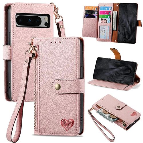 SATURCASE Coque pour Google Pixel 8 Pro, Heart PU Cuir Flip Portefeuille Poche Double Boucle Magnétique Fermeture éclair Support Porte-carte Cordon Protecteur Housse Étui pour Google Pixel 8 Pro (AX-Pink)