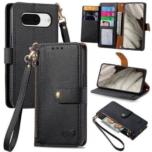SATURCASE Coque pour Google Pixel 8, Heart PU Cuir Flip Portefeuille Poche Double Boucle Magnétique Fermeture éclair Support Porte-carte Cordon Protecteur Housse Étui pour Google Pixel 8 (AX-Noir)